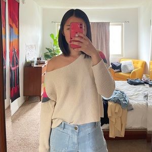 BDG/UO boat neck, off the shoulder rainbow shoulder sweater